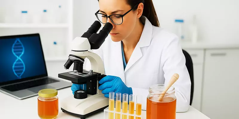 Laboranalyse von Honigproben unter dem Mikroskop - DNA-Test zur Erkennung von gefälschtem Honig