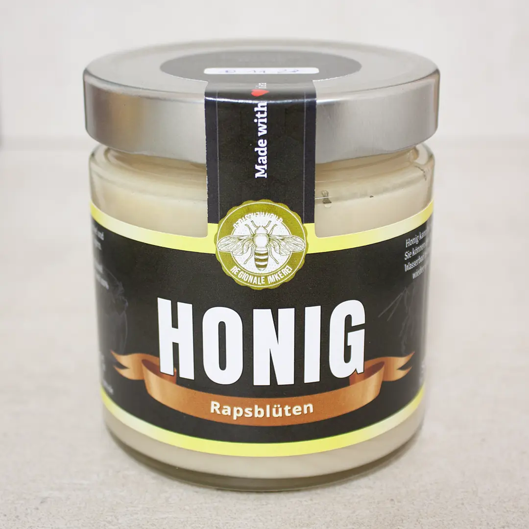 Glas mit cremigem Rapshonig - Imkerei Genzel, Honigtopf Gera