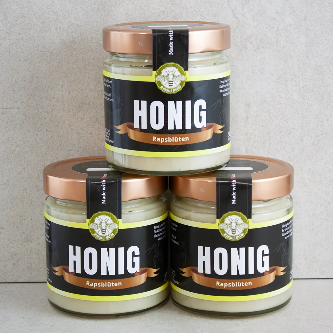 3 Gläser cremiger Rapshonig 500g - Imkerei Genzel, Honigtopf Gera