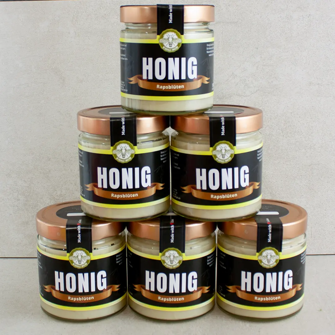 6 Gläser cremiger Rapshonig 500g - Imkerei Genzel, Honigtopf Gera