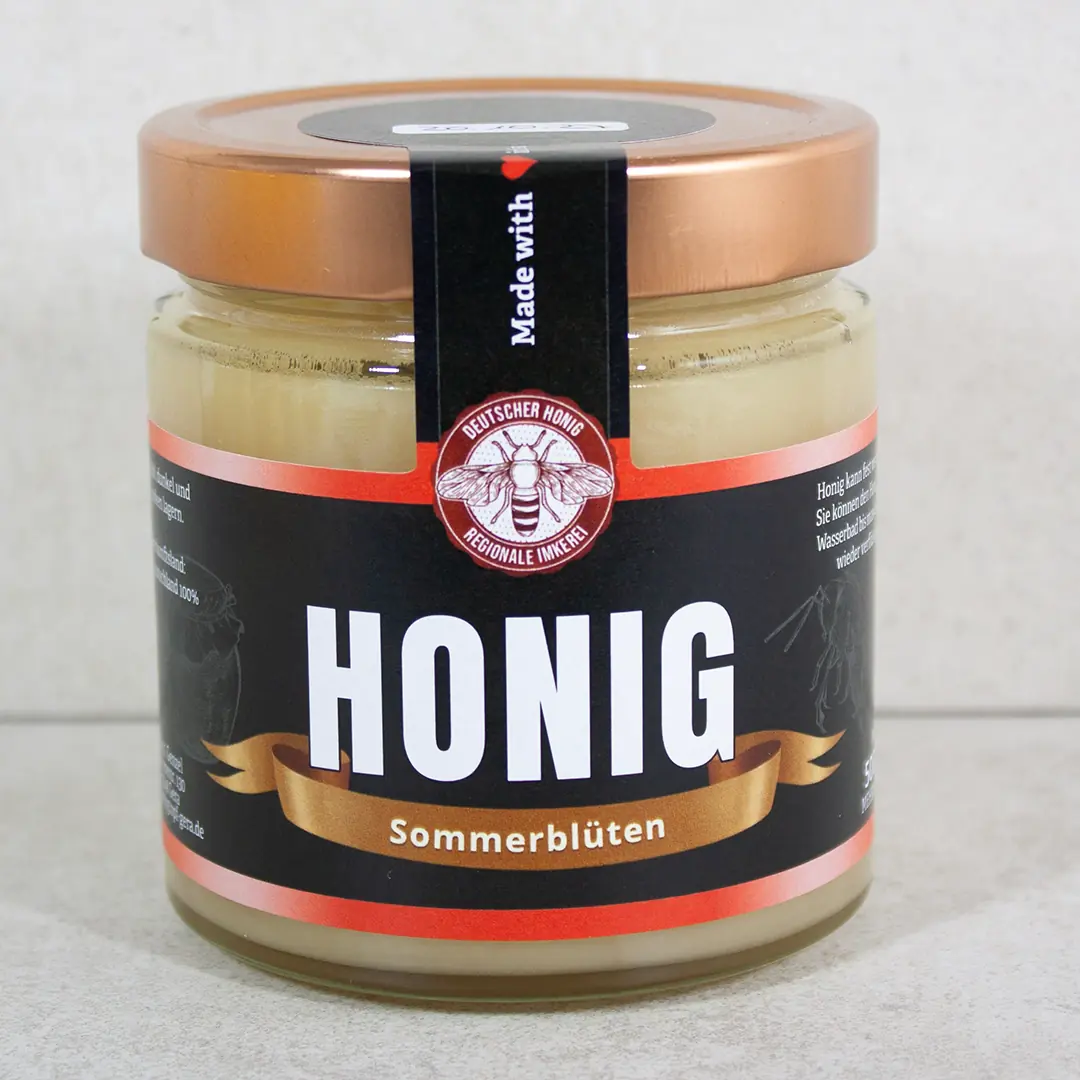 Glas mit cremigem Frühtrachthonig - Imkerei Genzel, Honigtopf Gera