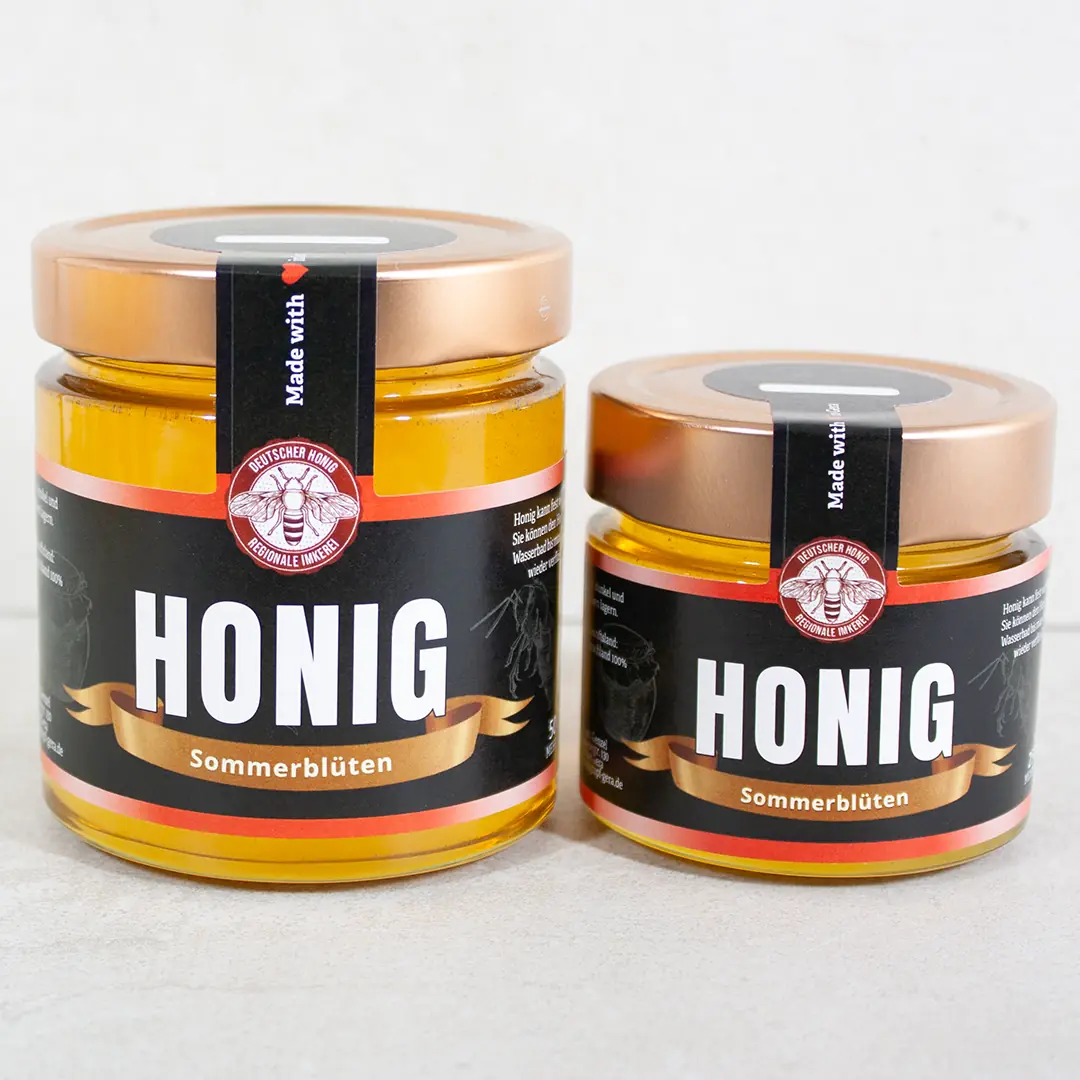 Glas mit flüssigem Sommerblütenhonig - Imkerei Genzel, Honigtopf Gera