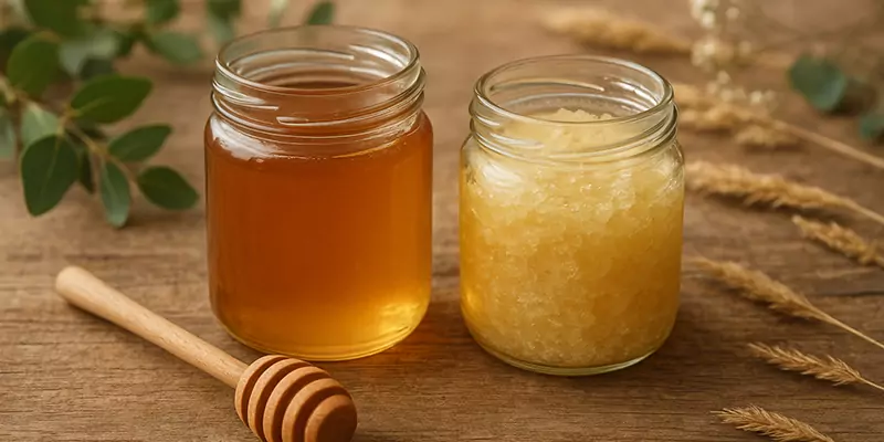 Kristallisierter Honig im Glas neben flüssigem Honig - natürlicher Kandierungsprozess bei Imkereihonig